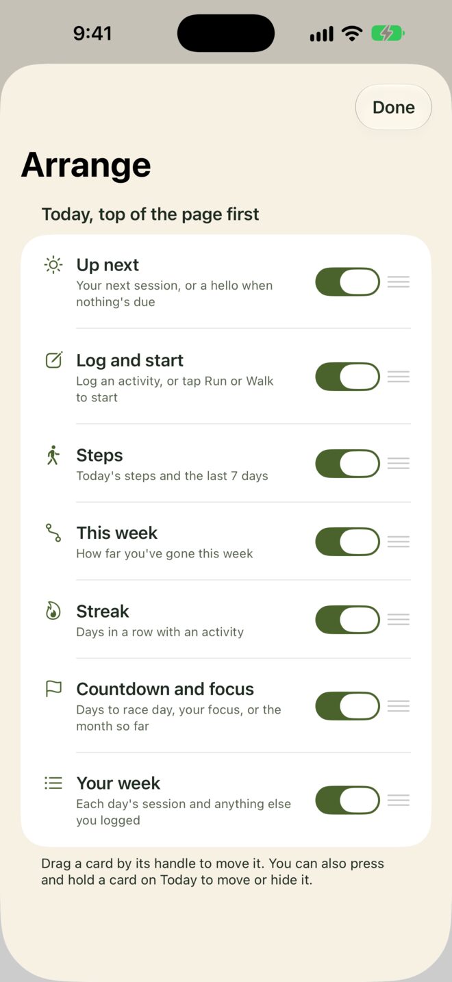 Arrange Today: Up next, Log and start, Steps, This week, Streak, Countdown, and Your week, each with a show switch and a drag handle