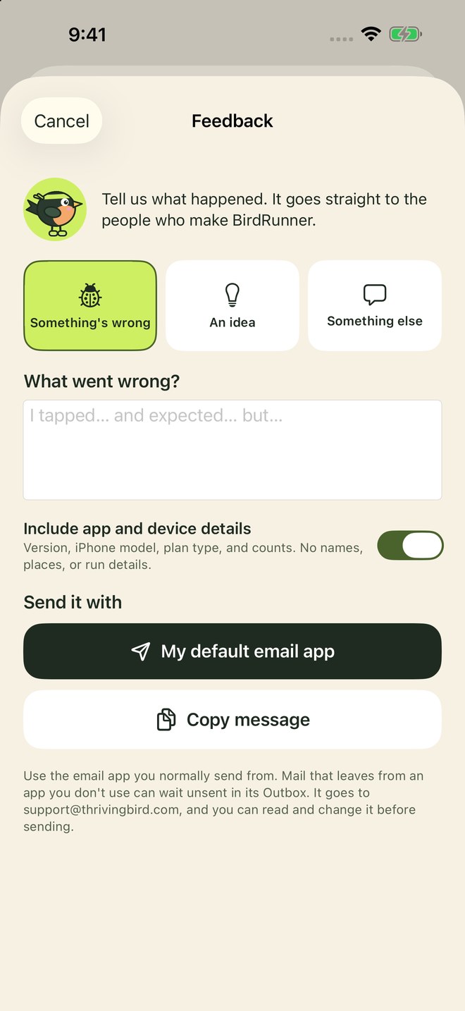BirdRunner feedback form with a Copy message button and support@thrivingbird.com as the support address