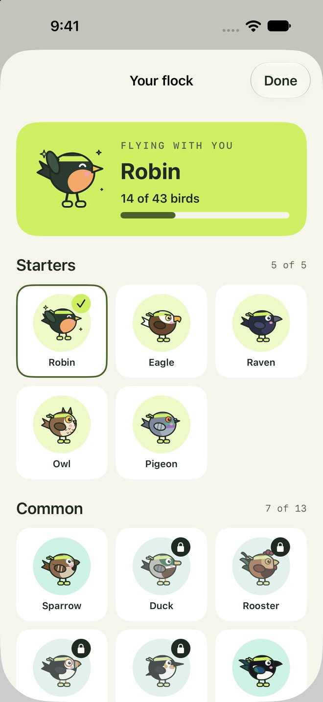 Your flock: the robin flying with you, 14 of 43 birds, starters and locked common birds