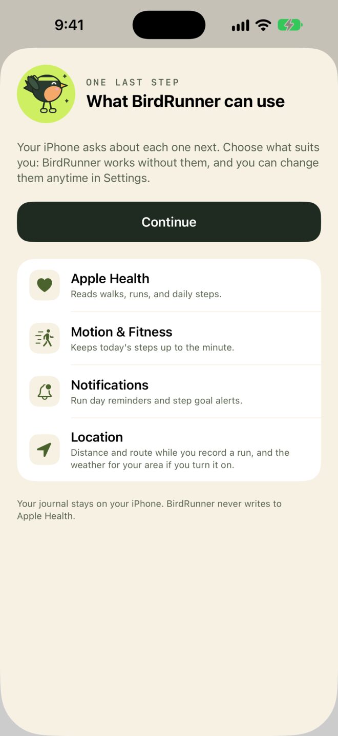 One setup screen explaining Apple Health, Motion and Fitness, Notifications, and Location, with a Continue button