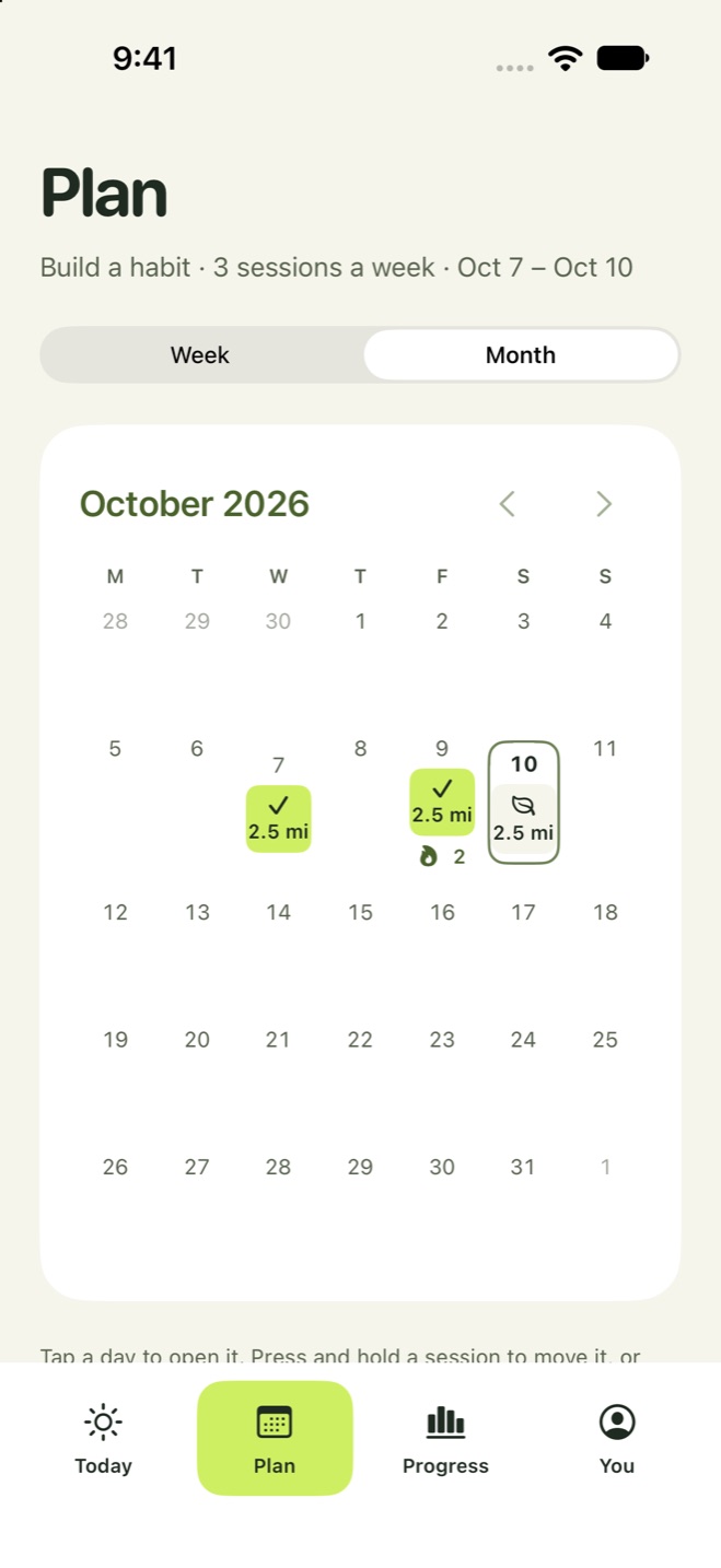 The month calendar with completed sessions and a flame showing two activity days in a streak