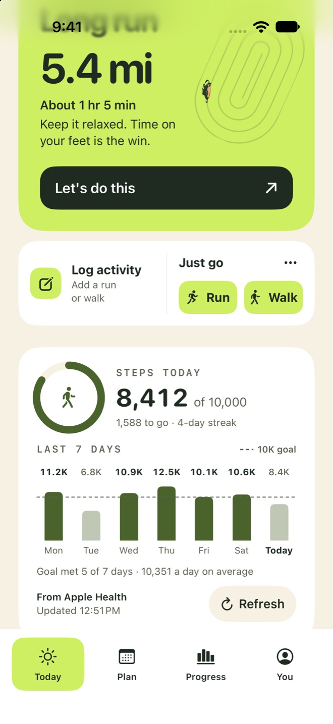 Steps today: 8,412 of 10,000, and the last 7 days as bars against a dashed 10K goal line, with the goal met 5 of 7 days