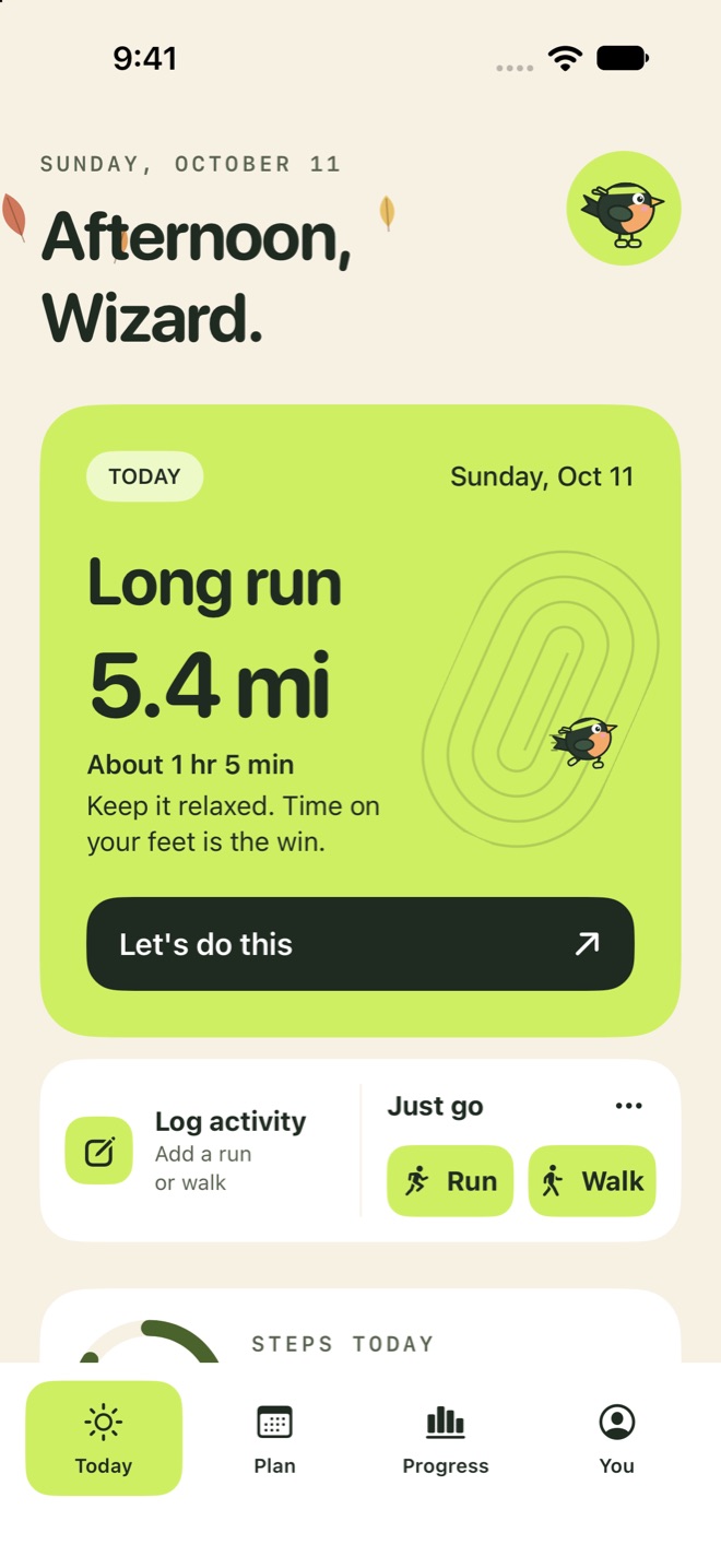 BirdRunner Today screen showing a training plan and weekly progress with sample data