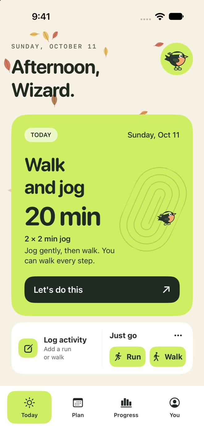 Today with a walk and jog session: 20 minutes with two 2-minute jogs, and Just go buttons for a run or walk