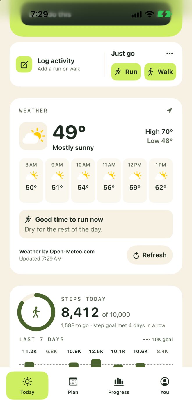 The weather card on Today: 49 degrees and mostly sunny, high 70, low 48, the next six hours with icons, and Good time to run now