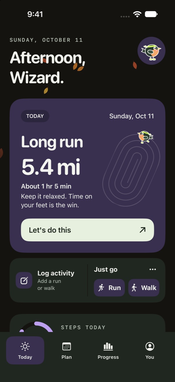 The Today screen with the lavender accent in dark mode