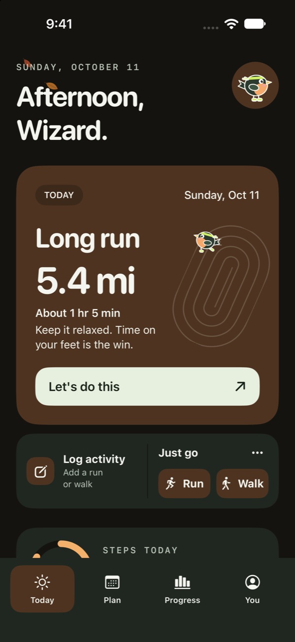 The Today screen with the orange accent in dark mode