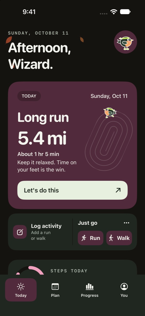 The Today screen with the rose accent in dark mode
